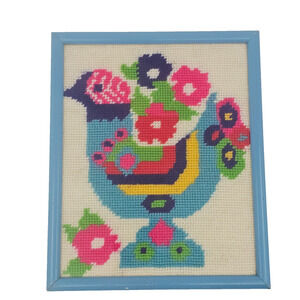 Vintage 1960s Framed Needlepoint Wall Art piece floral and bird Retro Maximalist